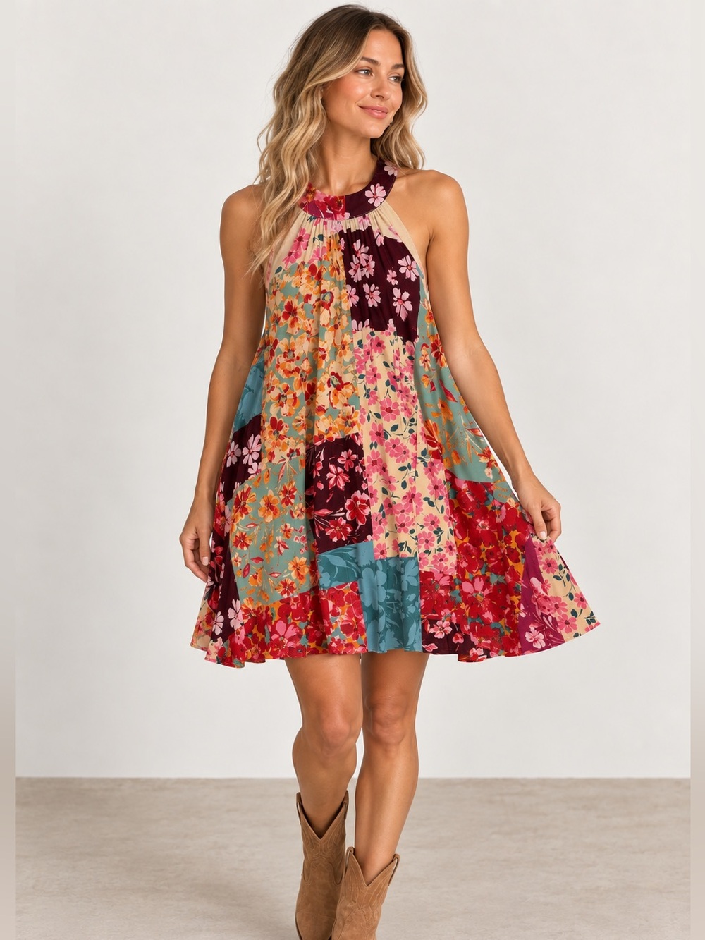 Dress Forum Patchwork Floral Halter Mini Dress Size Small Boho